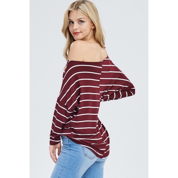 Dolman Sleeve Front Twist Burgundy Striped Top - Picture 3 of 7